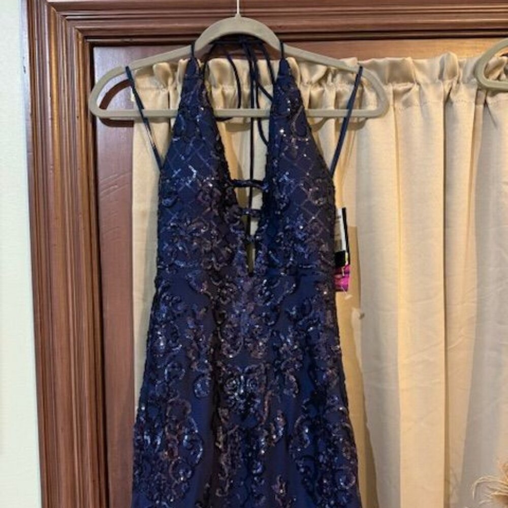 Blondie Nites HOCO Homecoming Navy Blue Halter Sequin Mini Dress NEW NWT SZ 5